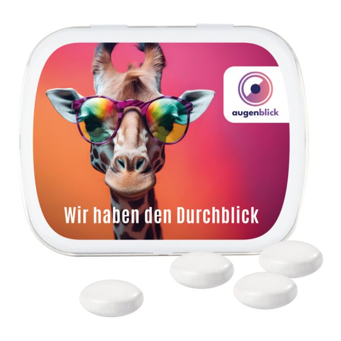 Streuartikel Werbeartikel Klappdose Pfeffi – pfefferminz – mit individuellem Etikett 19 g für die Nutzung als Werbemittel auf Messen und Events