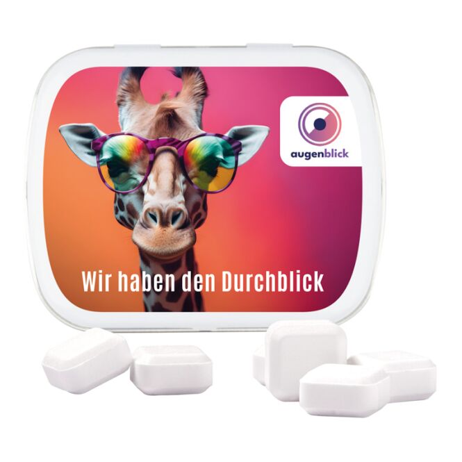 Werbeartikel Klappdose Metall – weiss – mit individuellem Etikett 19 g Micro Bonbons als Streuartikel für Messen und Geschäftspartner