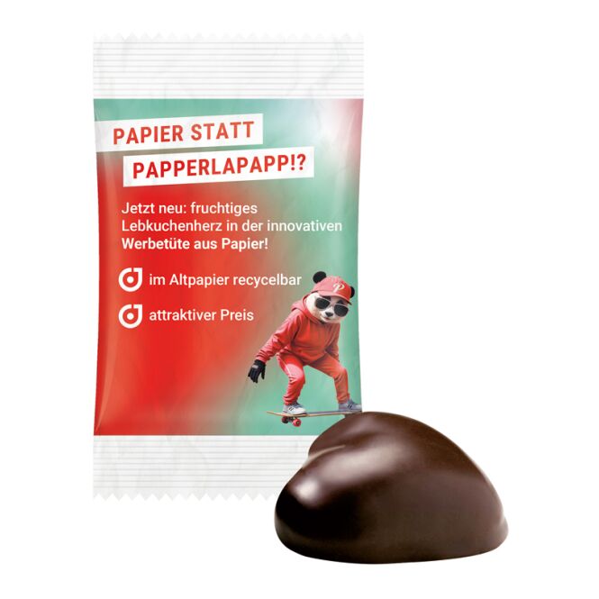 Streuartikel Lebkuchenherz weiß in Papiertüte – weiss – mit bedrucktem Etikett als süßes Oster-Werbegeschenk für Kunden und Partner