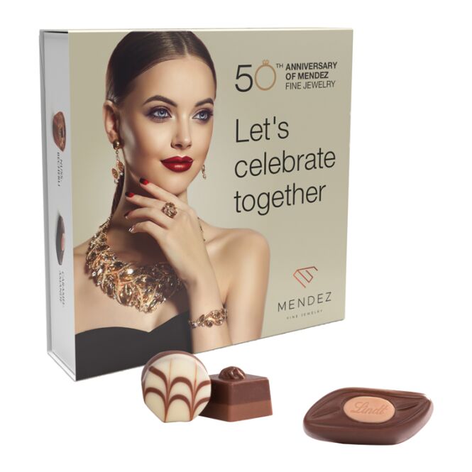 Firmengeschenk Lindt Mini Pralinés – schokolade – mit individueller Banderole 50g als Weihnachtsgeschenk für Kunden und Partner