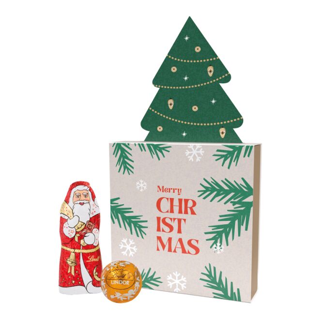 Firmengeschenk Lindt Mischung – weihnachten – mit bedrucktem Etikett im Werbeschuber als Weihnachtsgeschenk für Kunden und Partner