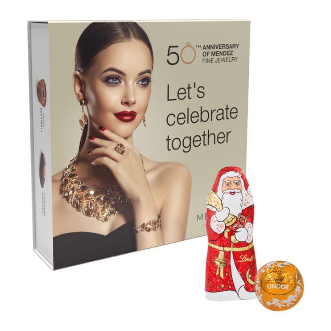 Firmengeschenk Lindt Mischung – weihnachten – mit bedrucktem Etikett Standard-Werbeschuber als Weihnachtsgeschenk für Kunden und Partner