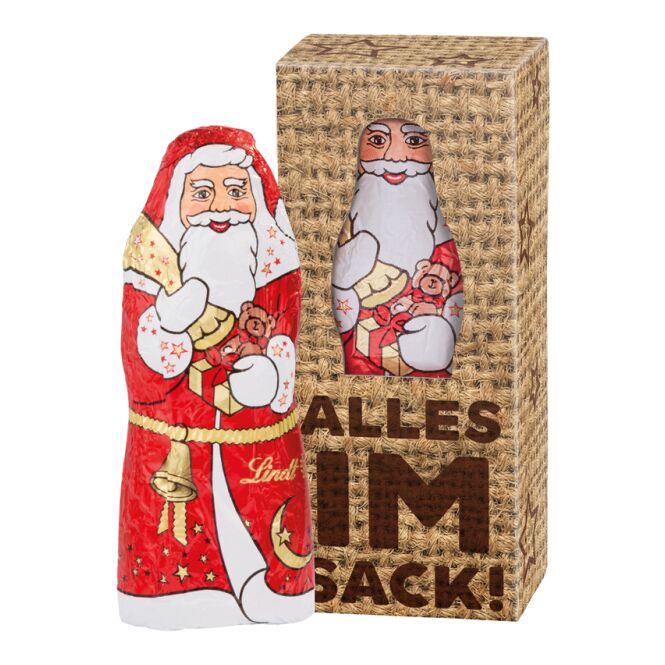 Firmengeschenk Lindt Weihnachtsmann – weiss – mit individuellem Etikett 10 g als Weihnachtsgeschenk für Mitarbeiter und Geschäftspartner