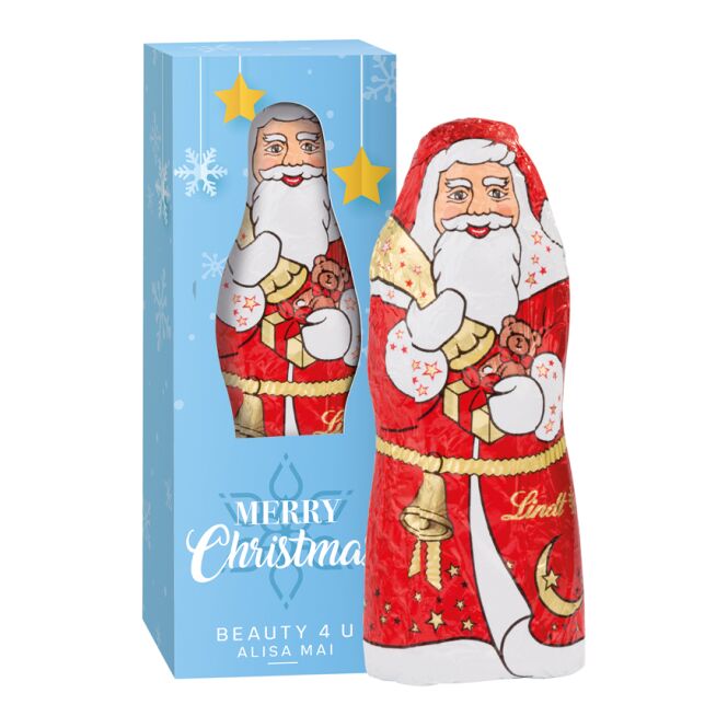 Firmengeschenk Lindt Weihnachtsmann – weihnachtlich – mit bedrucktem Etikett 40 g als Weihnachtsgeschenk für Kunden und Partner
