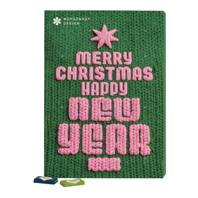 Firmengeschenk Adventskalender Marken – bunt – mit Logodruck recycelbare Vollkartonhülle mit Schokotäfelchen für Firmen