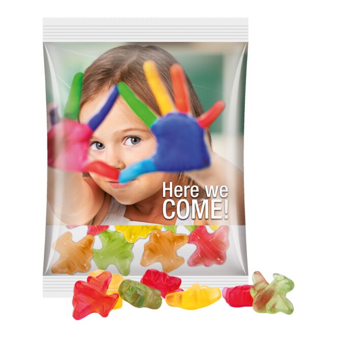 Werbeartikel Fruchtgummi Trolli – transparent – mit Logo bedruckt 50g Tüte hochwertiges Süßwaren-Giveaway für Messen & Events
