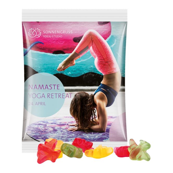 Werbeartikel Fruchtgummi Trolli Maxitüte – weiss – mit Logo bedruckt 50g klimaneutrales Süßwaren-Giveaway für Messen & Events
