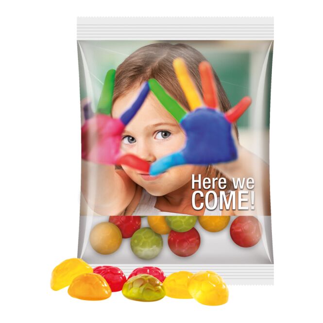 Werbeartikel Fruchtgummi Trolli – transparent – mit Logo bedruckt 50g klimaneutrale Süßwaren idealer Streuartikel für Messen