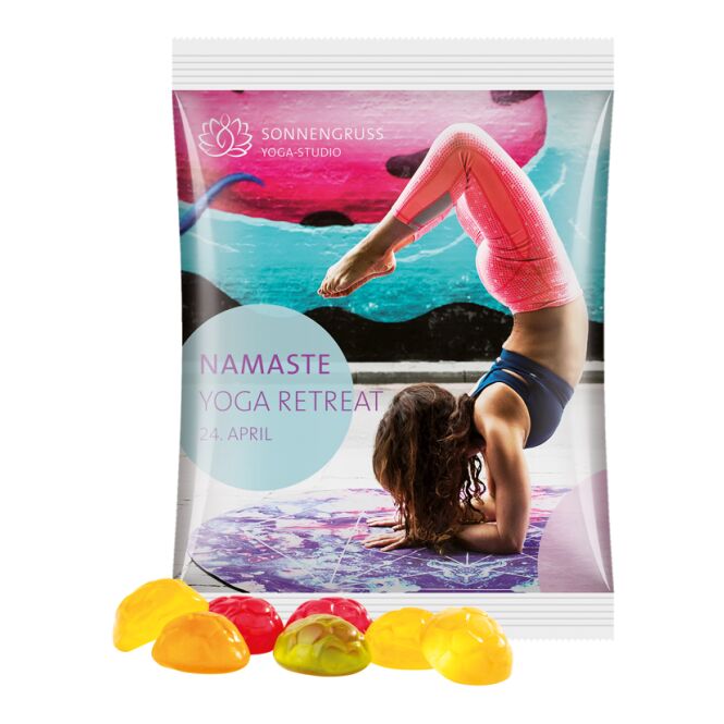 Werbeartikel Fruchtgummi Trolli – weiss – mit Logo bedruckt, 50g klimaneutrales Naschwerk für Messen & Events