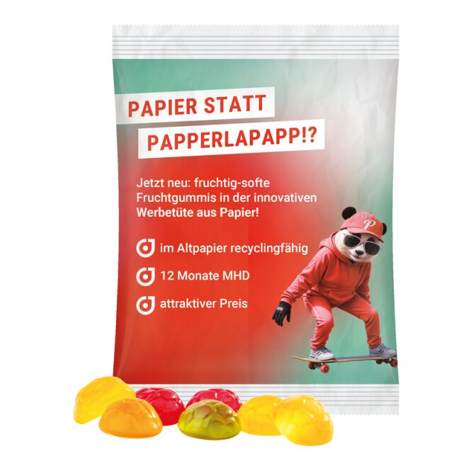Werbeartikel Fruchtgummi Trolli 50g – weiss – mit Logo bedruckt, 10% Fruchtsaft, ideale süße Nascherei für Messen & Events