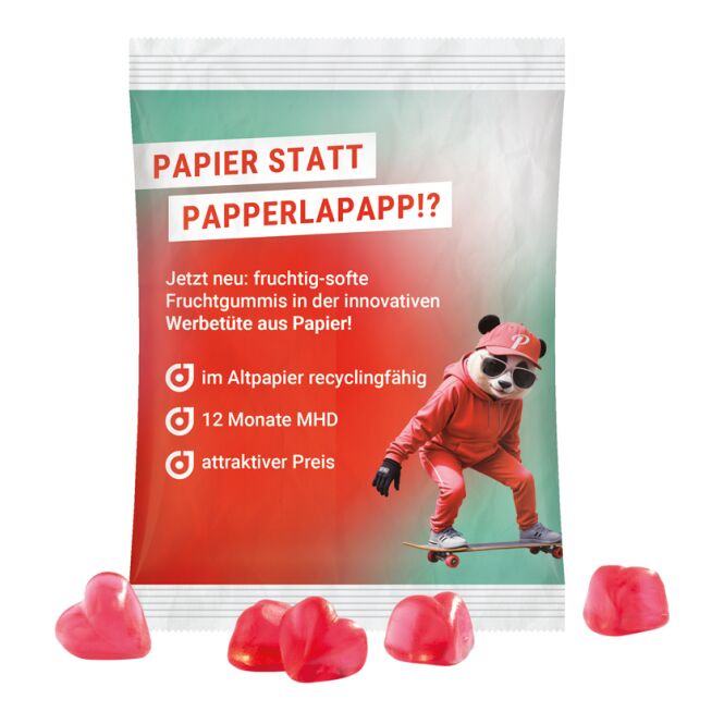 Mitarbeitergeschenk Fruchtgummi Trolli – weiss – mit Logo bedruckt 50g klimaneutrale Nascherei für Messen & Events