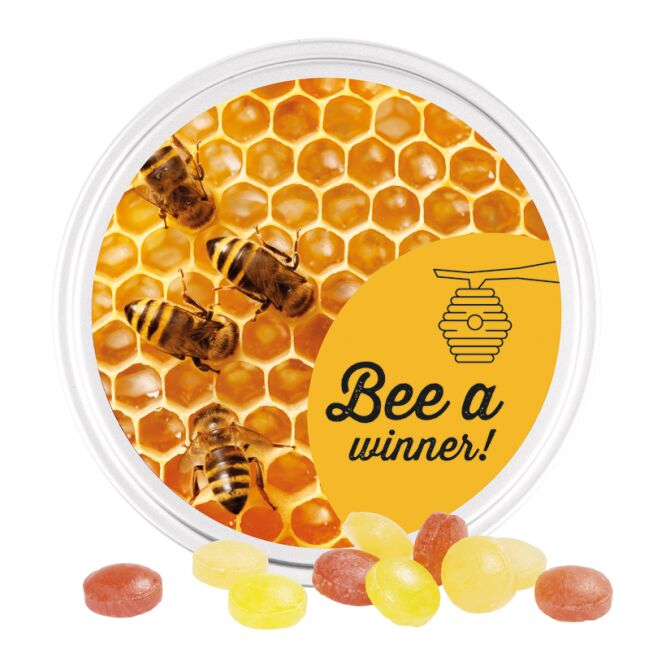 Werbeartikel Bonbondose nearBees Honigbiene – mit honig-geschmack – mit individuellem Etikett 50g als Werbemittel für Messen und Firmenevents