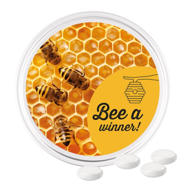 Werbeartikel nearBees Bonbondose Midi – honigbiene – mit individuellem Etikett 50g als Werbegeschenk für Kunden und Mitarbeiter auf Messen
