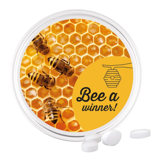 Streuartikel nearBees Honig-Bonbons Midi Dose – honig – mit individuellem Etikett 50g als Werbemittel für Kunden auf Messen und Events