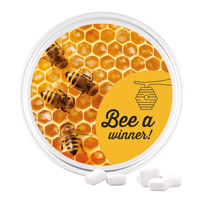 Werbeartikel Bonbondose nearBees Honigbiene – mit regionalem honig – mit individuellem Etikett 50g als Werbemittel für Messen und Events