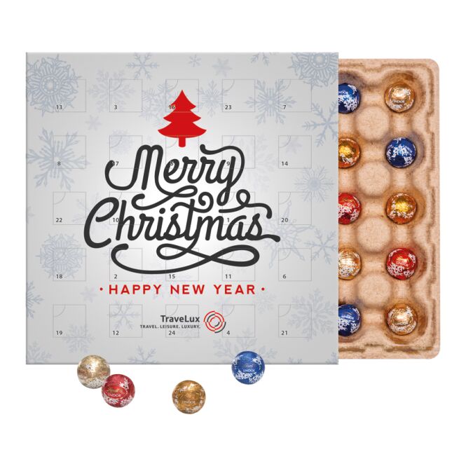 Firmengeschenk Lindt Minikugel Adventskalender – weihnachtszeit – mit bedrucktem Etikett als Weihnachtsgeschenk für Kunden und Partner