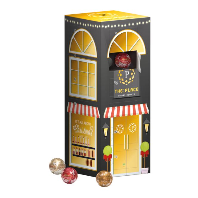 Firmengeschenk Adventskalender Lindt – weiss – mit Logo bedruckt, klimaneutral aus 100% recycelbarem Material, Schoko-Geschenk
