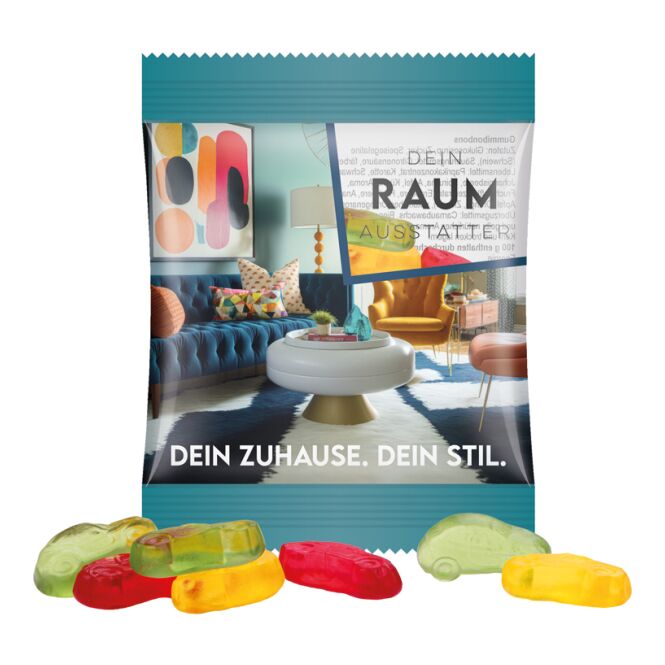 Streuartikel Trolli Fruchtgummi Minitüte – bunt gemischt – mit individuell bedrucktem Etikett 15g als Werbemittel für Kunden und Messen