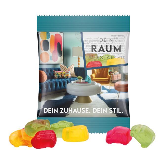 Werbeartikel Trolli Fruchtgummi Minitüten – bunt gemischt – mit individuellem Etikett 15 g als Streuartikel für Messen und Firmen-Events