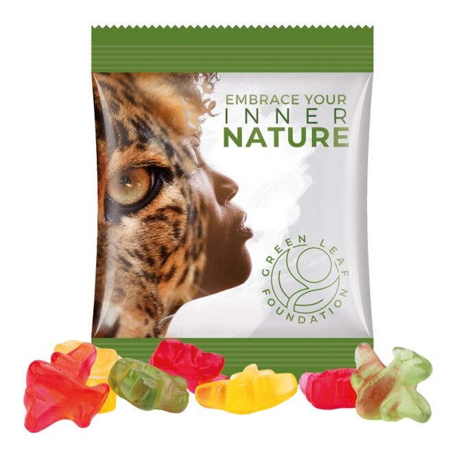 Streuartikel Trolli Fruchtgummis Standardformen – bunt gemischt – mit individuellem Etikett 15 g für Messen und Firmenevents als Giveaways