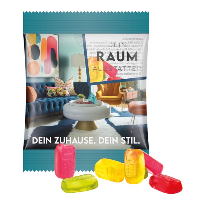 Streuartikel Trolli Fruchtgummi Minitüte – bunt gemischt – mit individuellem Etikett 15g als Werbemittel für potenzielle Messekunden