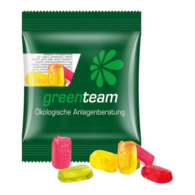 Werbeartikel Trolli Fruchtgummi Minitüte – bunt gemischt – mit individuellem Etikett 15 g als Streuartikel für Messen und Firmenevents