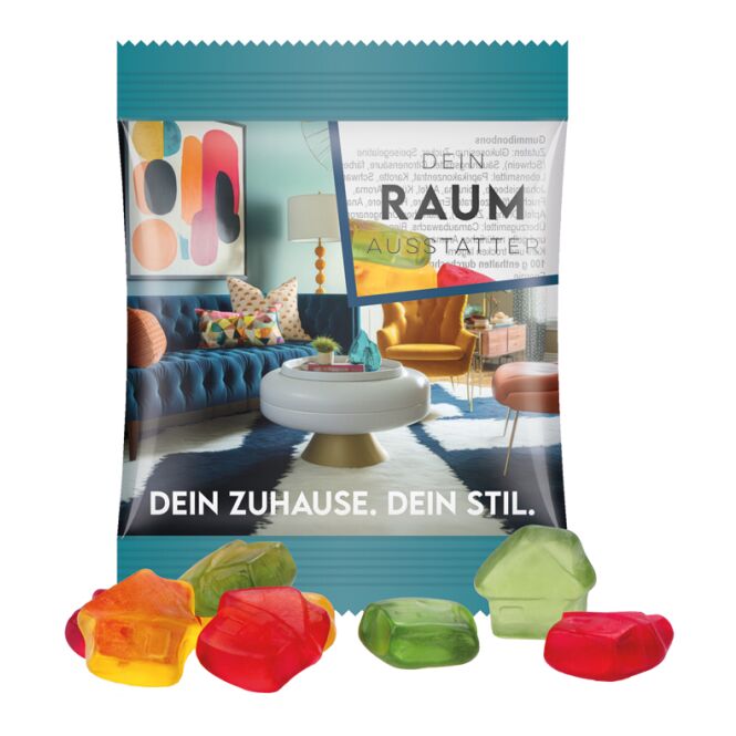 Streuartikel Trolli Fruchtgummi Minitüte – bunt gemischt – mit individuellem Etikett 15 g als süßes Werbemittel für Kunden und Mitarbeiter
