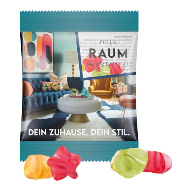 Streuartikel Trolli Fruchtgummi Minitüte – bunt gemischt – mit individuellem Etikett 15 g als Werbemittel auf Messen für potenzielle Kunden