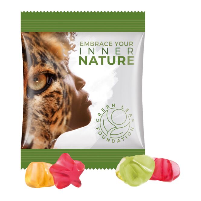 Werbeartikel Trolli Fruchtgummis – bunte mischung – mit individuellem Etikett 15 g für Messen und Events an potenzielle Geschäftskunden