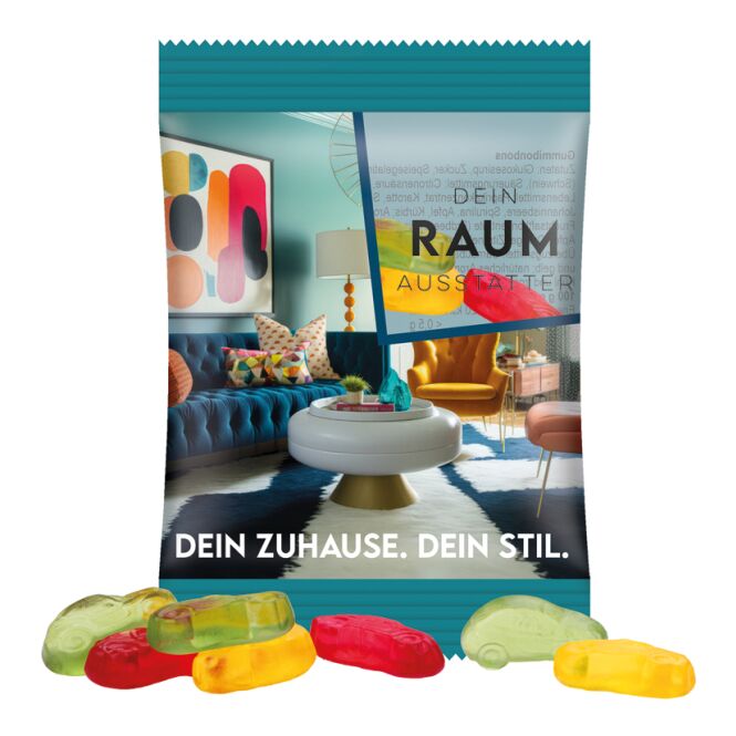 Streuartikel Trolli Fruchtgummi Standardformen – transparent – mit Logo bedruckt 15 g für den Einsatz auf Messen und Firmen-Events