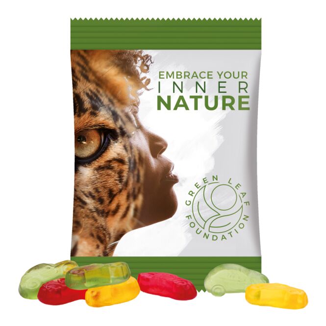 Streuartikel Trolli Fruchtgummi Standardformen – weiss – mit individueller Banderole 15 g für den Einsatz auf Messen und Firmen-Events