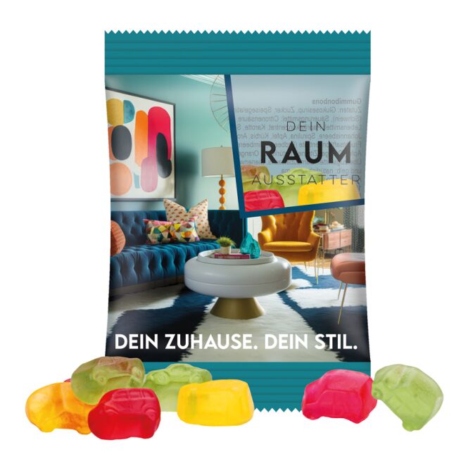 Streuartikel Trolli Fruchtgummi Standardformen – transparent – mit Logo bedruckt 15 g als ideales Werbemittel für Messen und Events