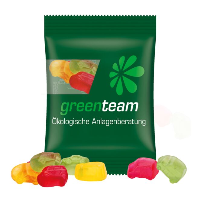 Werbeartikel Trolli Fruchtgummi – standardformen – mit individuellem Etikett 15 g für Messen und Events zur Kundengewinnung eingesetzt