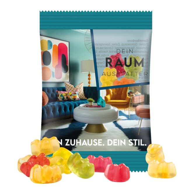 Streuartikel Trolli Fruchtgummi Standardformen – transparent – mit Logo bedruckt 15 g für Messen und Events an potenzielle Kunden