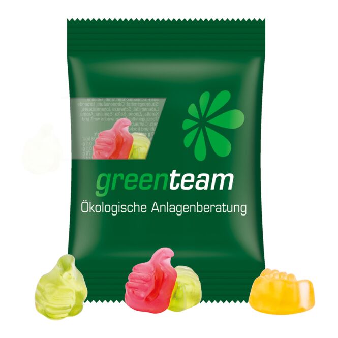 Werbeartikel Trolli Fruchtgummi Standardformen – transparent – inkl. Werbeaufdruck 15 g für Messen und Events an potenzielle Neukunden