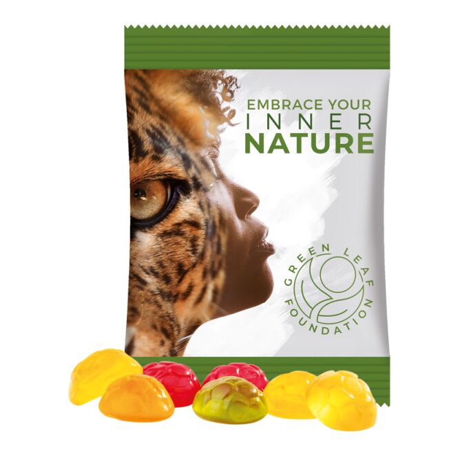 Streuartikel Trolli Fruchtgummi Standardformen – weiss – mit Logo bedruckt 15 g für Messebesucher als Give-away bei Firmen-Events genutzt