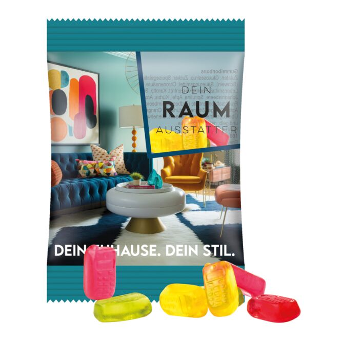 Werbeartikel Trolli Fruchtgummi Standardformen – transparent – inkl. Werbeaufdruck 15 g für Messen und Events an potenzielle Kunden