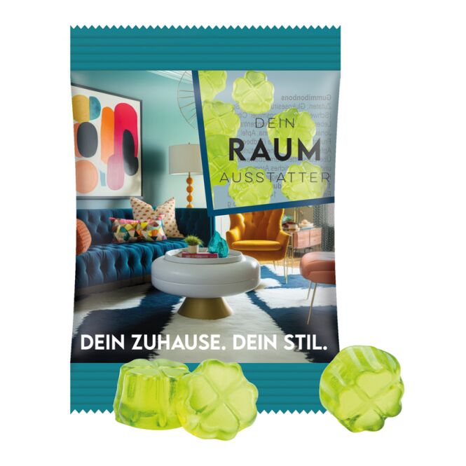 Werbeartikel Trolli Fruchtgummi Standardformen – transparent – inkl. Werbeaufdruck 15 g für Messen und Events an potenzielle Neukunden