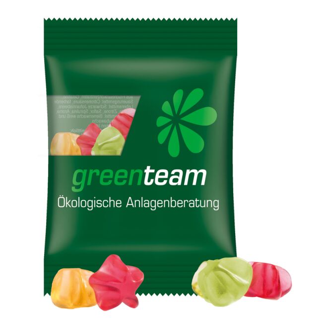 Werbeartikel Trolli Fruchtgummi Standardformen – transparent – inkl. Werbeaufdruck 15 g für Messebesucher und potenzielle Kunden geeignet