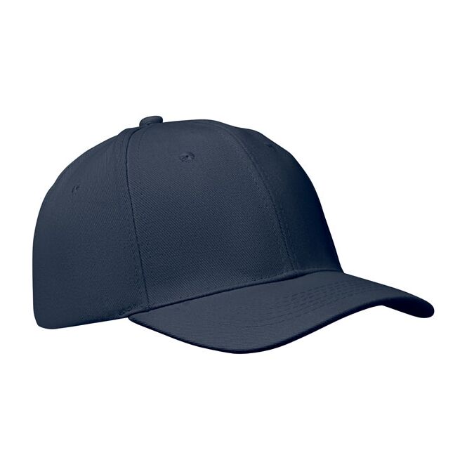 Werbeartikel 6-Panel-Baseball-Cap aus gebürsteter Baumwolle – blau – mit Logo bedruckt für Messen & Promotion