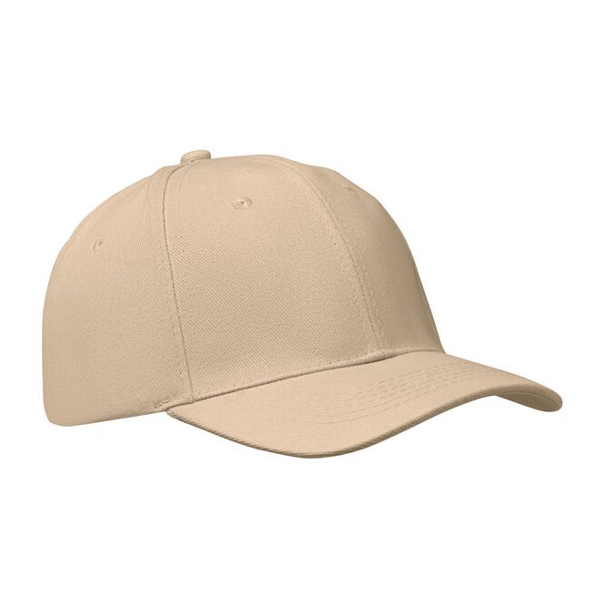 Kundengeschenk 6-Panel-Baseball-Cap aus gebürsteter Baumwolle – beige – mit Logo bedruckt für Messen & Promotion in Größe 7 1/4