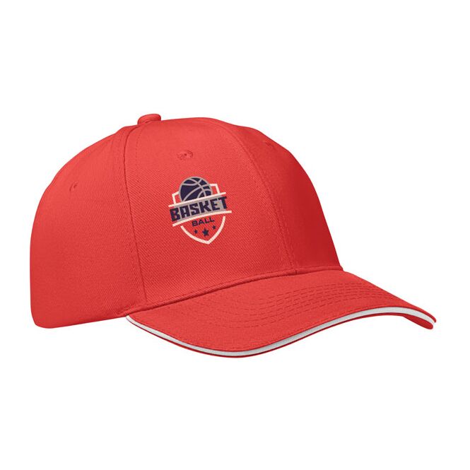 Werbeartikel 6-Panel-Baseball-Cap aus Baumwolle – rot/weiss – mit Logo bedruckt in Größe 7 1/4 für Messen & Promotion