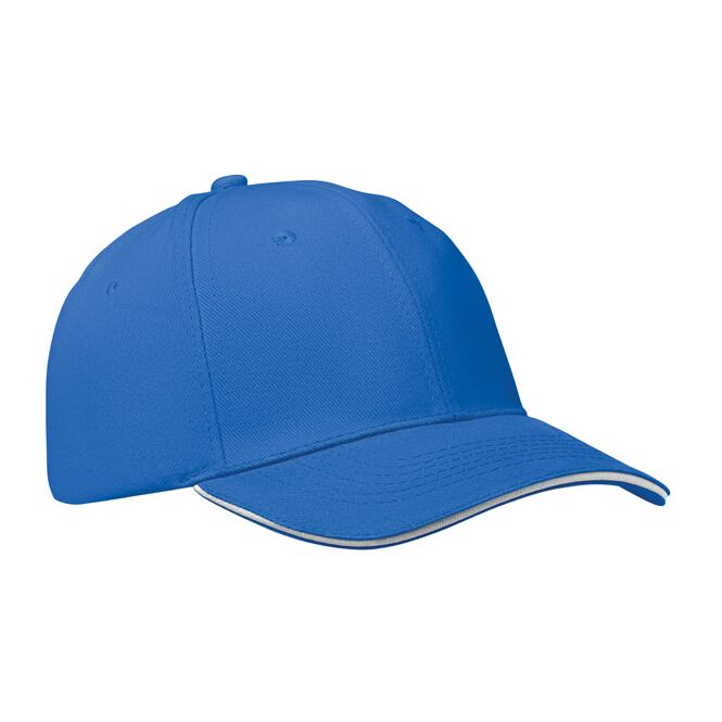 Kundengeschenk 6-Panel-Baseball-Cap aus Baumwolle – weiss blau – mit Logo bedruckt für Messen & Promotion