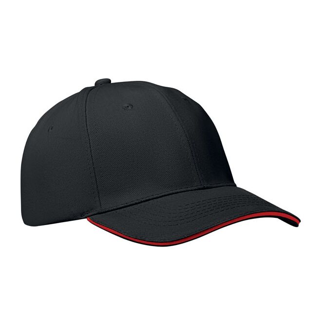 Firmengeschenk 6-Panel-Baseball-Cap aus Baumwolle – schwarz/rot – mit Logo bedruckt für Messen & Promotion