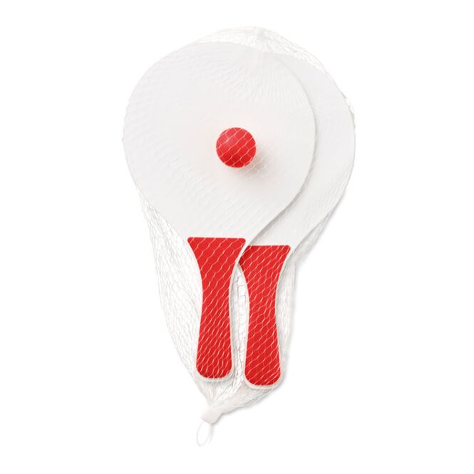 Werbeartikel Beachball Spiel Mini Match – rot – mit Logo bedruckt für Teamevents 2-teilig mit 2 Schlägern und Ball