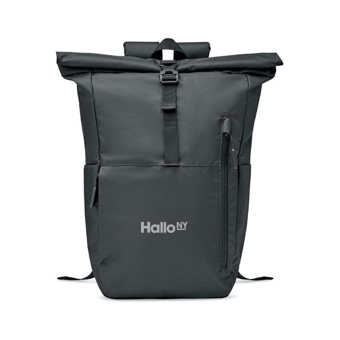 Mitarbeitergeschenk Rolltop-Rucksack RPET – schwarz – mit Logo bedruckt für 15 Zoll Notebooks nachhaltige Büroausstattung