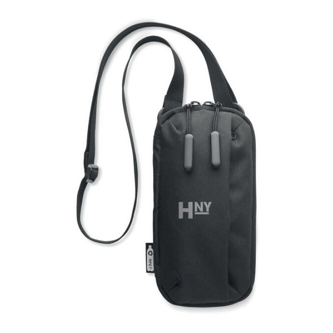 Firmengeschenk Crossbody-Smartphone-Tasche RPET – schwarz – mit Logo bedruckt nachhaltig für den Büroalltag