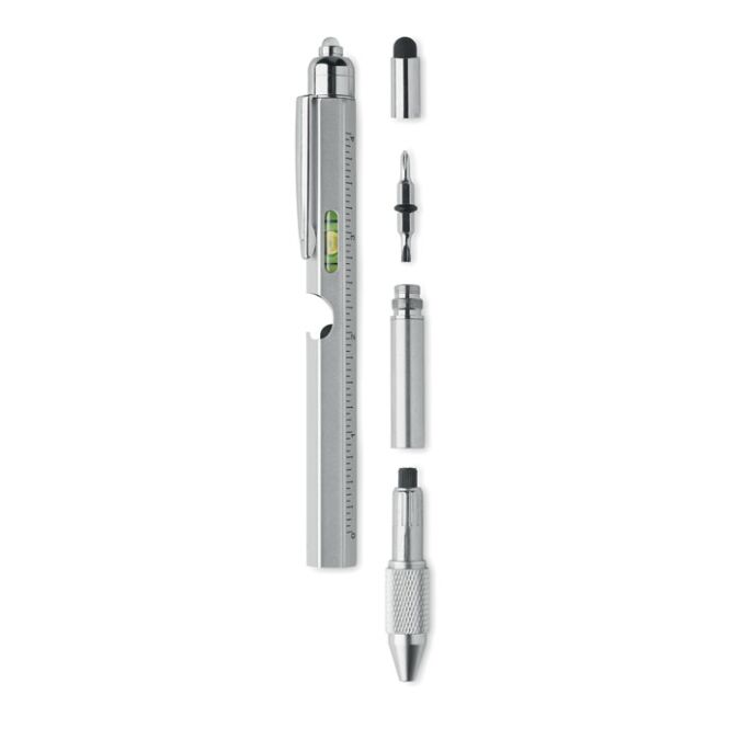 Mitarbeitergeschenk Multitool – transparent grau – mit Logo bedruckt inkl. Wasserwaage, Lineal, Bits, LED für Montagearbeiten