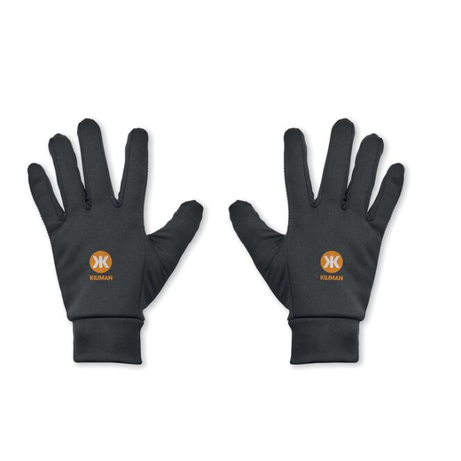 Werbeartikel Sporthandschuhe – schwarz – mit Logo bedruckt Polyester mit Touchscreen-Funktion & Anti-Rutsch-Noppen für Events
