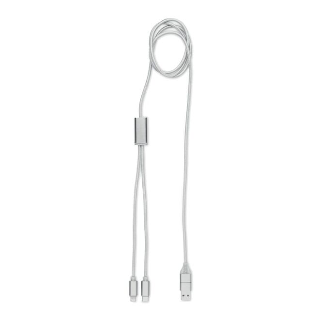 Streuartikel 2-in-1 Ladekabel – silber – mit Logo bedruckt 120cm Typ-C/Typ-A & Micro-B für den Büroalltag